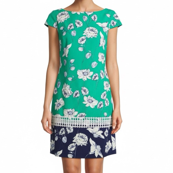 Eliza J Floral Print Cap Sleeve Shift Dress Size 4 Green White Blue Lace Detail